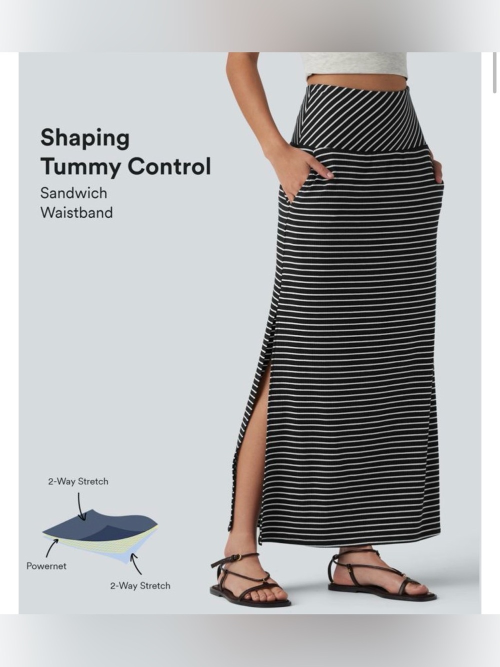 NWT High Waisted Tummy Control Split Stripes Maxi Casual Skirt with Pockets